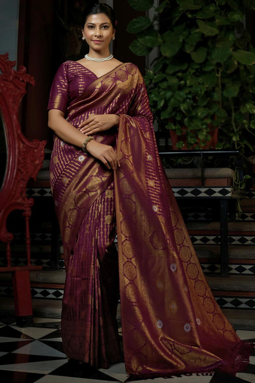 Wine Maroon Raw Silk Woven Zari Saree