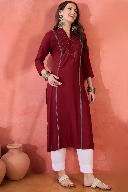 Wine Maroon Rayon Kurti with Zari Work For New Year 