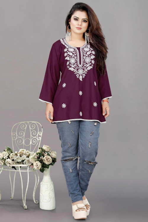 Wine Maroon Rayon Resham Embroidered Kurti For Festival 
