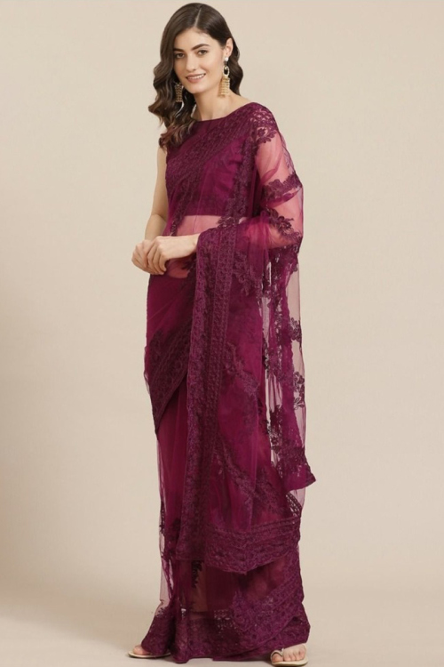 Wine Maroon Resham embroidered Net Saree