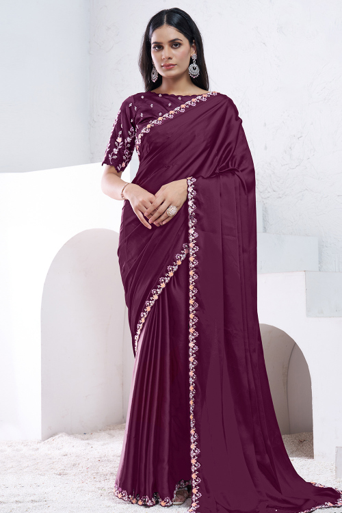 Wine Maroon Satin Embroidered Light Weight Saree 