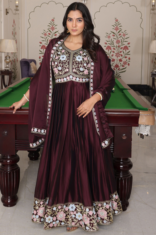 Wine Maroon Satin Silk Embroidered Anarkali Suit 