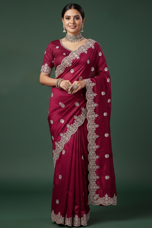 Wine Maroon Satin Zari Light Weight Saree 