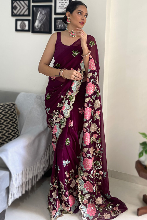 Wine Maroon Sequins Embroidered Floral Georgette Saree 