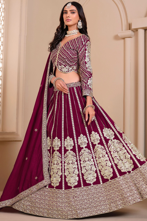 Wine Maroon Silk Blend Embroidered Lehenga For Wedding