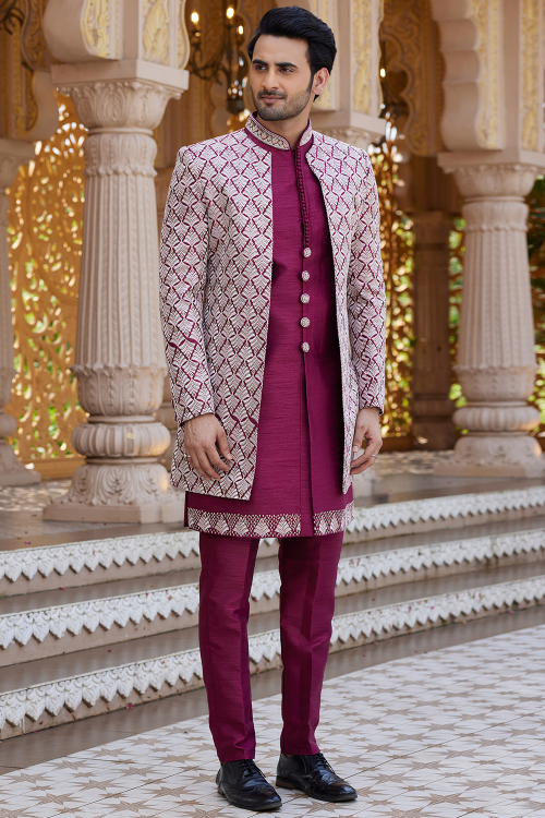 Wine Maroon Silk Blend Ready Made Men's Sherwani With Embroidered Jacket