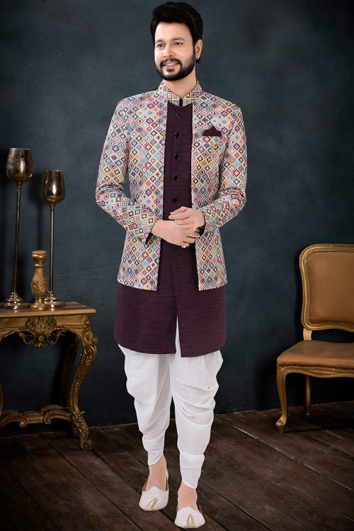 Jacket Style Men Sherwani in Silk Wine Maroon for Wedding 