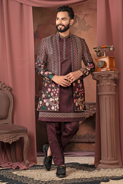 Wine Maroon Silk Ready to Wear Men’s Kurta Pajama With Embroidered Jacket