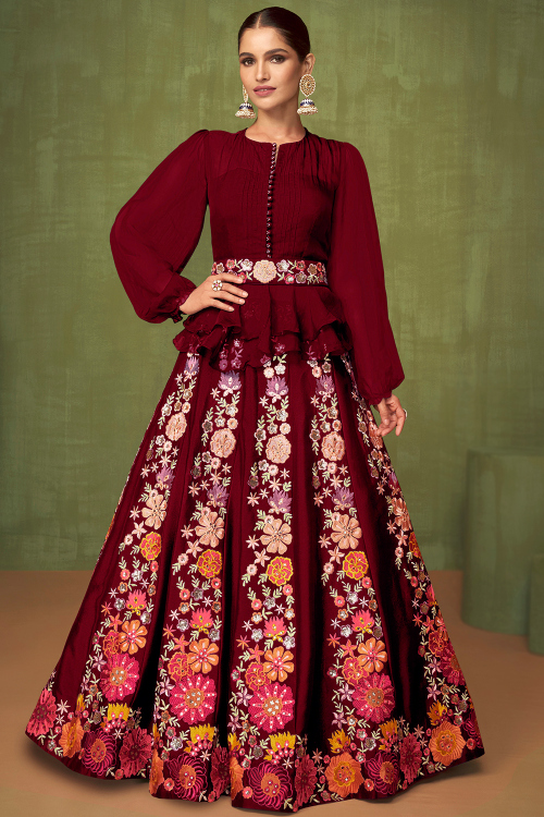 Wine Maroon Silk Panelled Embroidered Lehenga