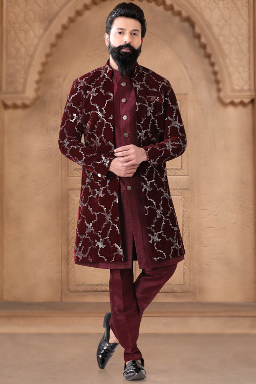 Wine Maroon Silk Plain Jacket Style Men's Sherwani