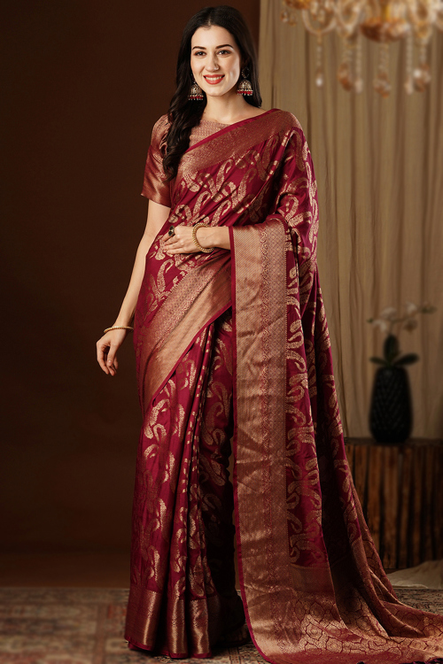 Wine Maroon Silk Woven Zari Handloom Saree