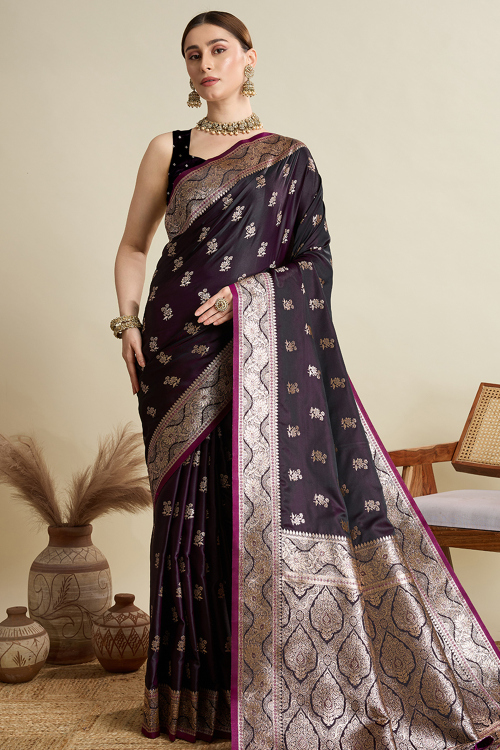 Wine Maroon Soft Silk Broad Border Saree With Weaved Work