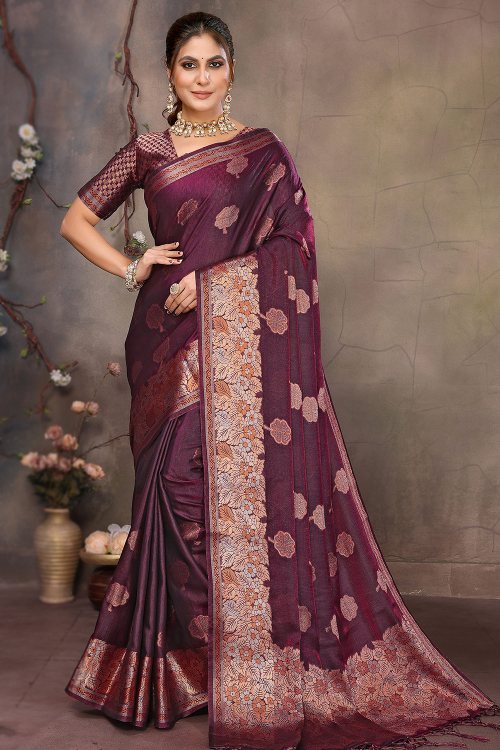 Wine Maroon Soft Silk Broad Border Saree With Weaved Work