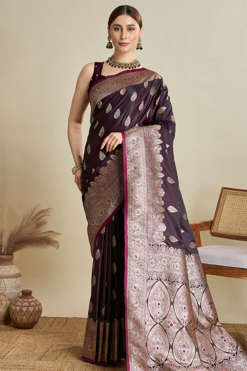 Wine Maroon Soft Silk Saree With Weaved Work For Festival