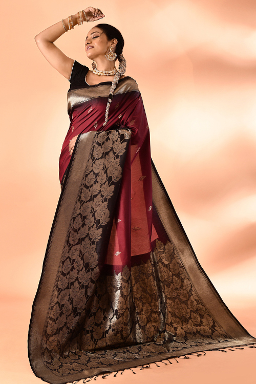 Wine Maroon Soft Silk Saree With Weaved Work For Festival