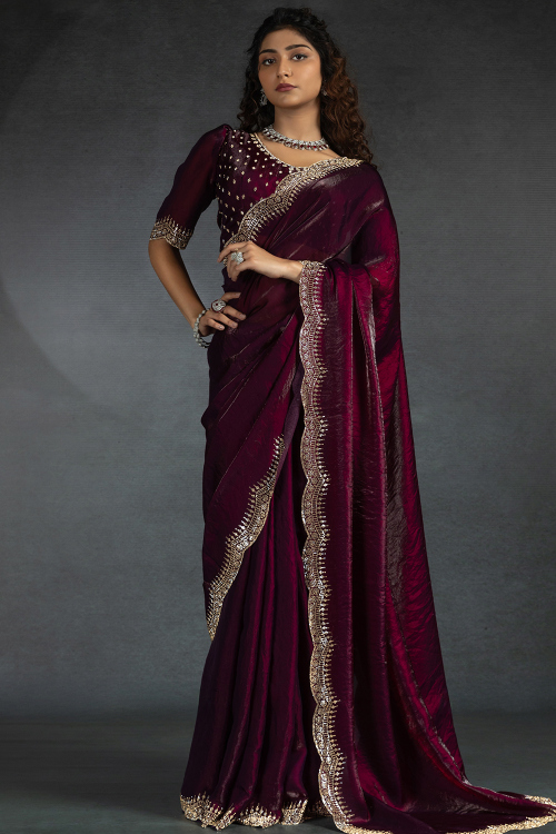 Wine Maroon Stone Embellished Fancy Silk Saree