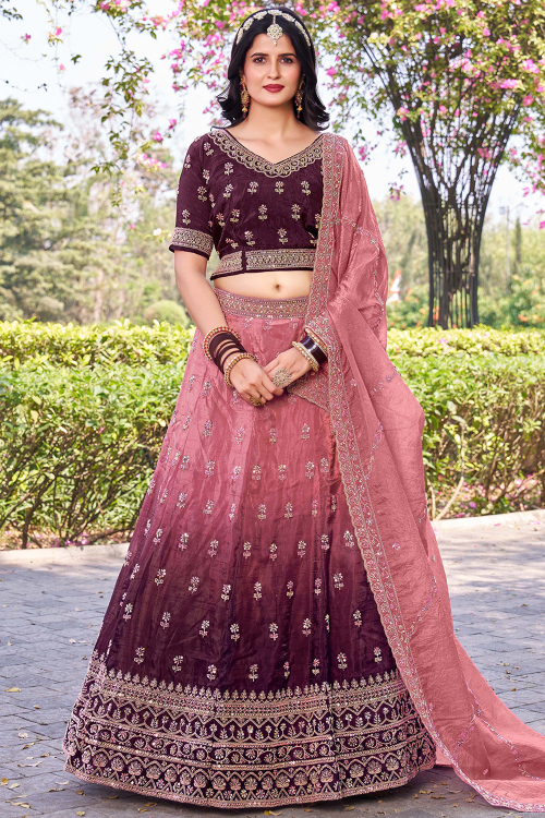 Wine Maroon Tissue Silk Flared Style Lehenga with Printed Work