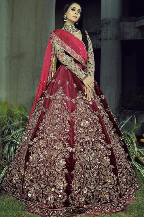 Maroon Velvet Lehenga Choli Wedding Wear Lengha Chunni Lehanga Sari Saree  Bridal | eBay