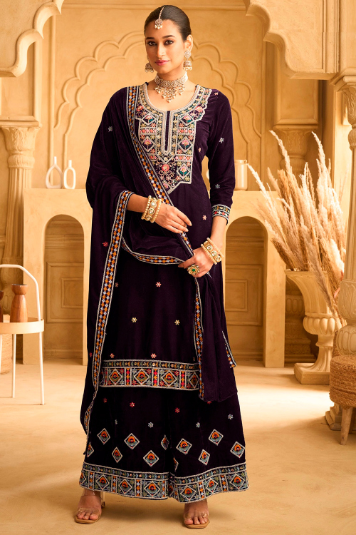 Wine Maroon Velvet Palazzo Suit With Dori Work For Festival