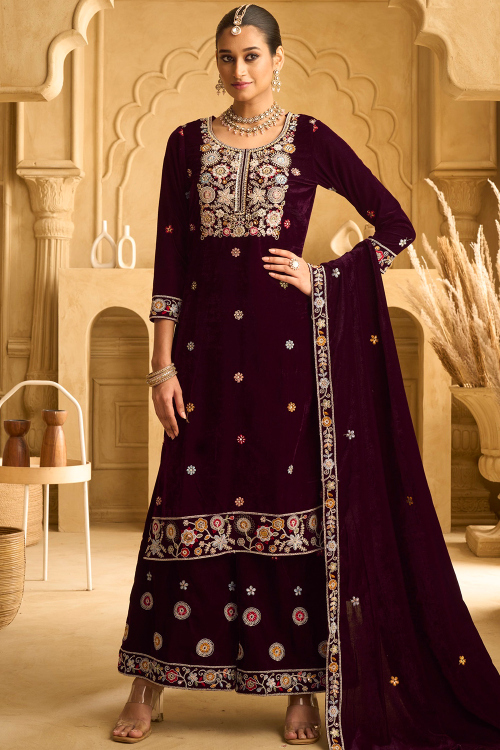 Wine Maroon Velvet Straight Pant Suit With Beads Work For Festival