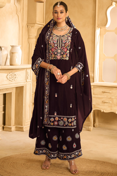 Wine Maroon Velvet Straight Pant Suit With Beads Work For Festival