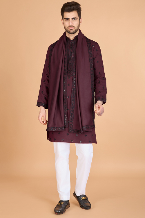 Wine Maroon Viscose Silk Embroidered Men's Kurta Pajama