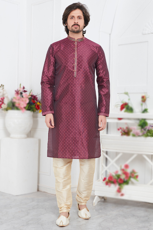 Wine Maroon Weaved Thread Jacquard Straight Cut Men's Kurta Churidar
