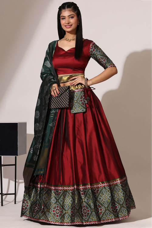 Wine Maroon Weaved Zari Casual Wear Silk Lehenga 