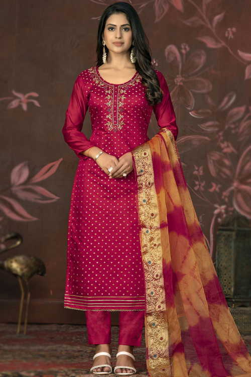 Wine Maroon Weaved Zari Chanderi Trouser Suit for Sangeet And Eid