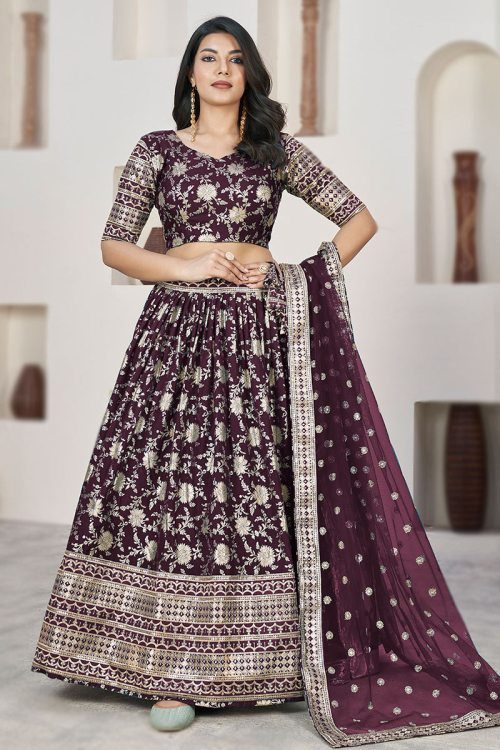 Wine Maroon Woven Zari Silk Flared Style Lehenga 