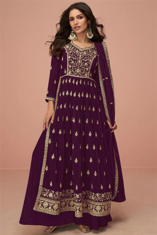 Wine Maroon Zari Embroidered Palazzo Suit For Sangeet 