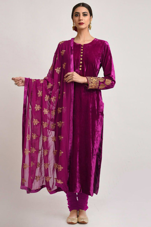 wine purple velvet churidar suit with zari work lstv03896 1