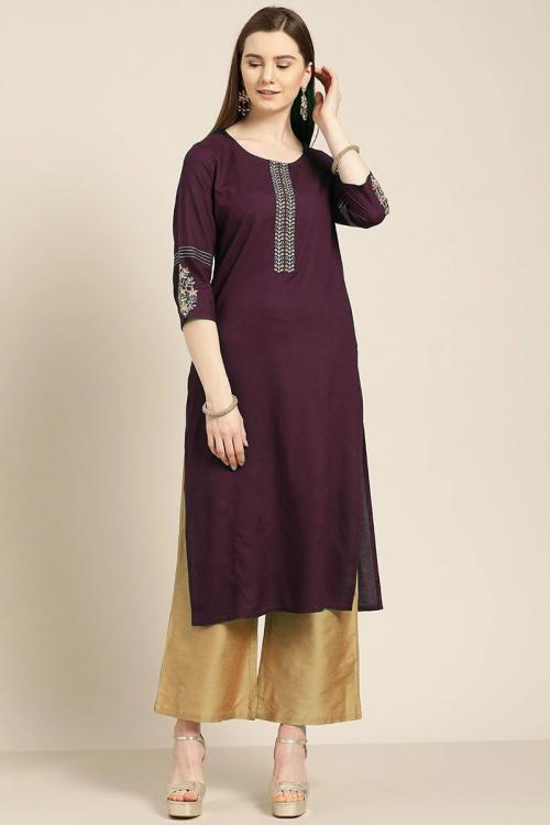 Sufia Fashions Women's Maroon Silk Embroidered Tunic Top Kurti - Indian/Pakistani Party Wear (Size M To 6XL)