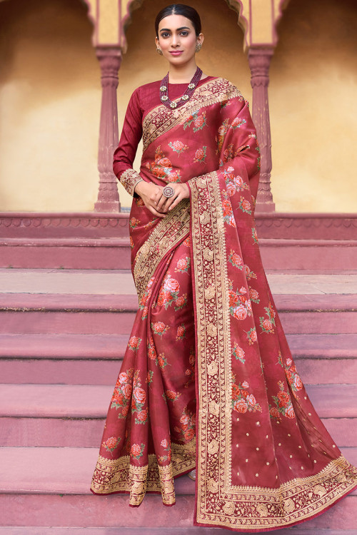 Buy Wine Silk Saree with Butta Detail And Unstitched Blouse Piece