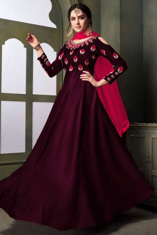 Wine Taffeta Silk Anarkali Suit With Resham Work