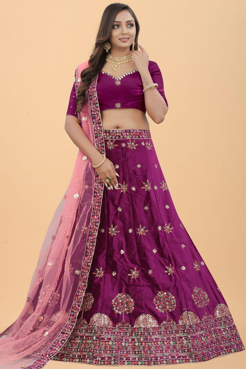 Wine Velvet Embroidered Lehenga