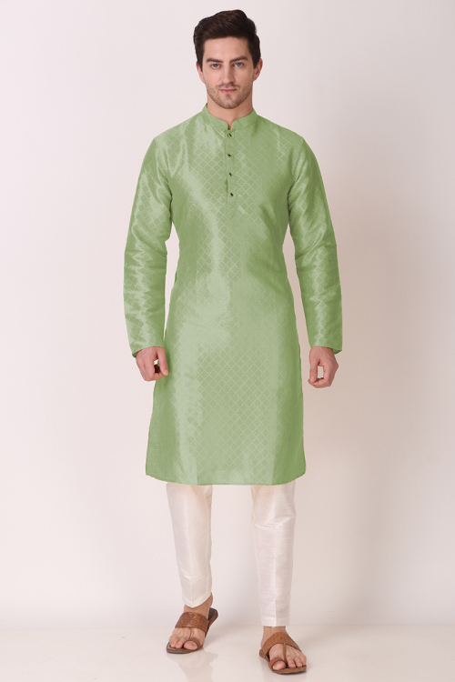 Woven Art Silk Pistachio Green Men's Kurta Pajama