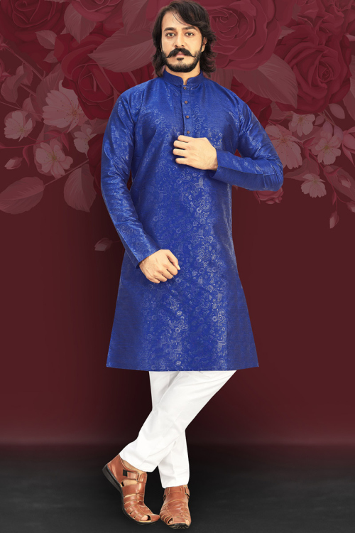 Woven Art Silk Ready To Wear Jacquard Kurta Set In Blue Color