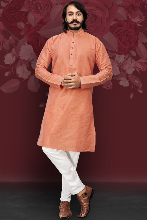 Woven Art Silk Ready To Wear Jacquard Kurta Set In Peach Color