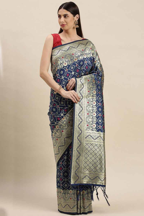 Navy Blue Banarasi Silk Saree for Party Wear with Zari embroidery