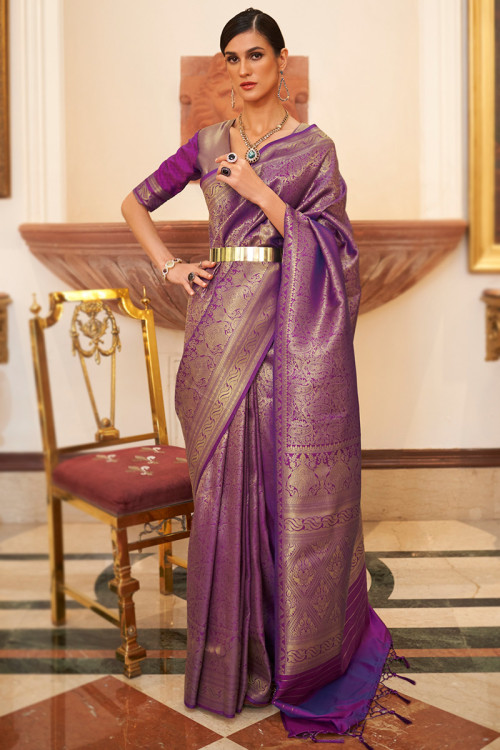 Wine Purple Woven Banarasi Silk Saree – MySilkLove