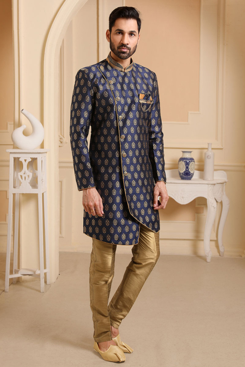Woven Brocade Navy Blue Men Sherwani