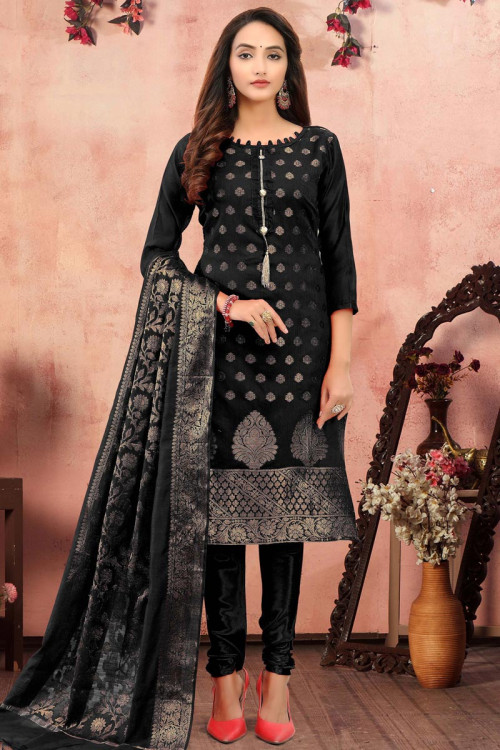 Woven Embroidered Jacquard Black Churidar Suit
