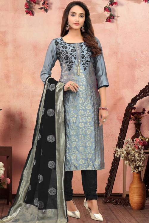 Woven Embroidered Jacquard Bluish Grey Churidar Suit