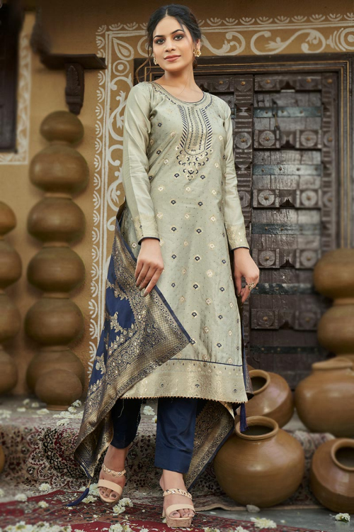 Woven Embroidered Jacquard Greenish Grey Trouser Suit