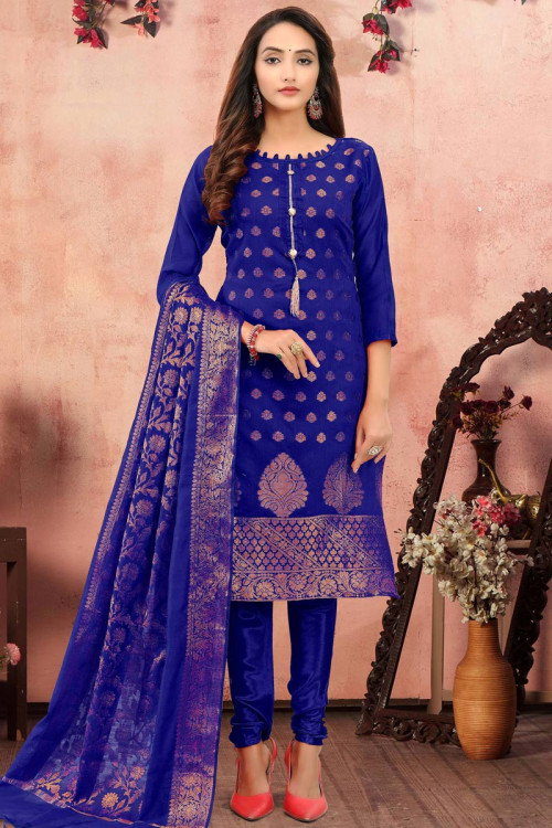 Woven Embroidered Jacquard Indigo Blue Churidar Suit