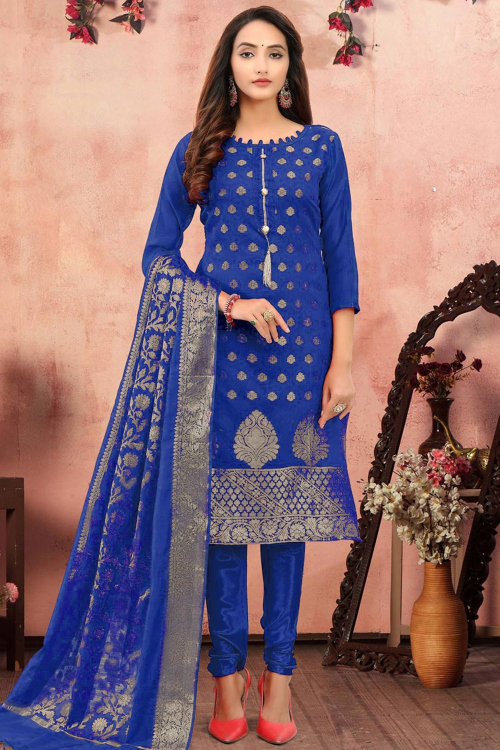 Woven Embroidered Jacquard Indigo Blue Churidar Suit