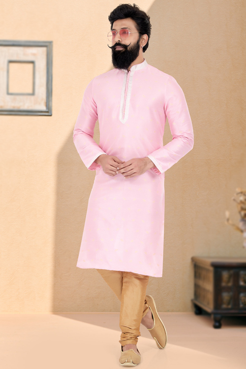 Woven Embroidered Jacquard Pastel Pink Men Kurta Pajama