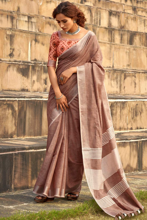 Woven Linen Light Brown Saree