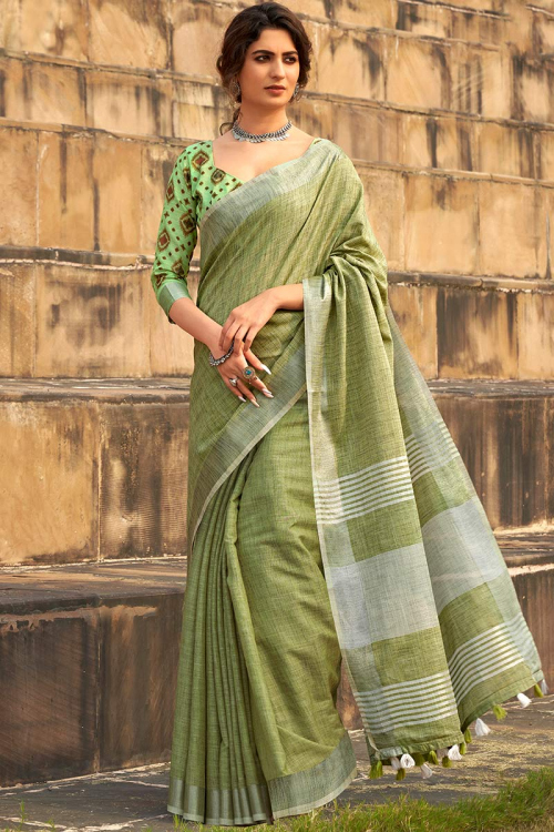 Woven Linen Pistachio Green Saree